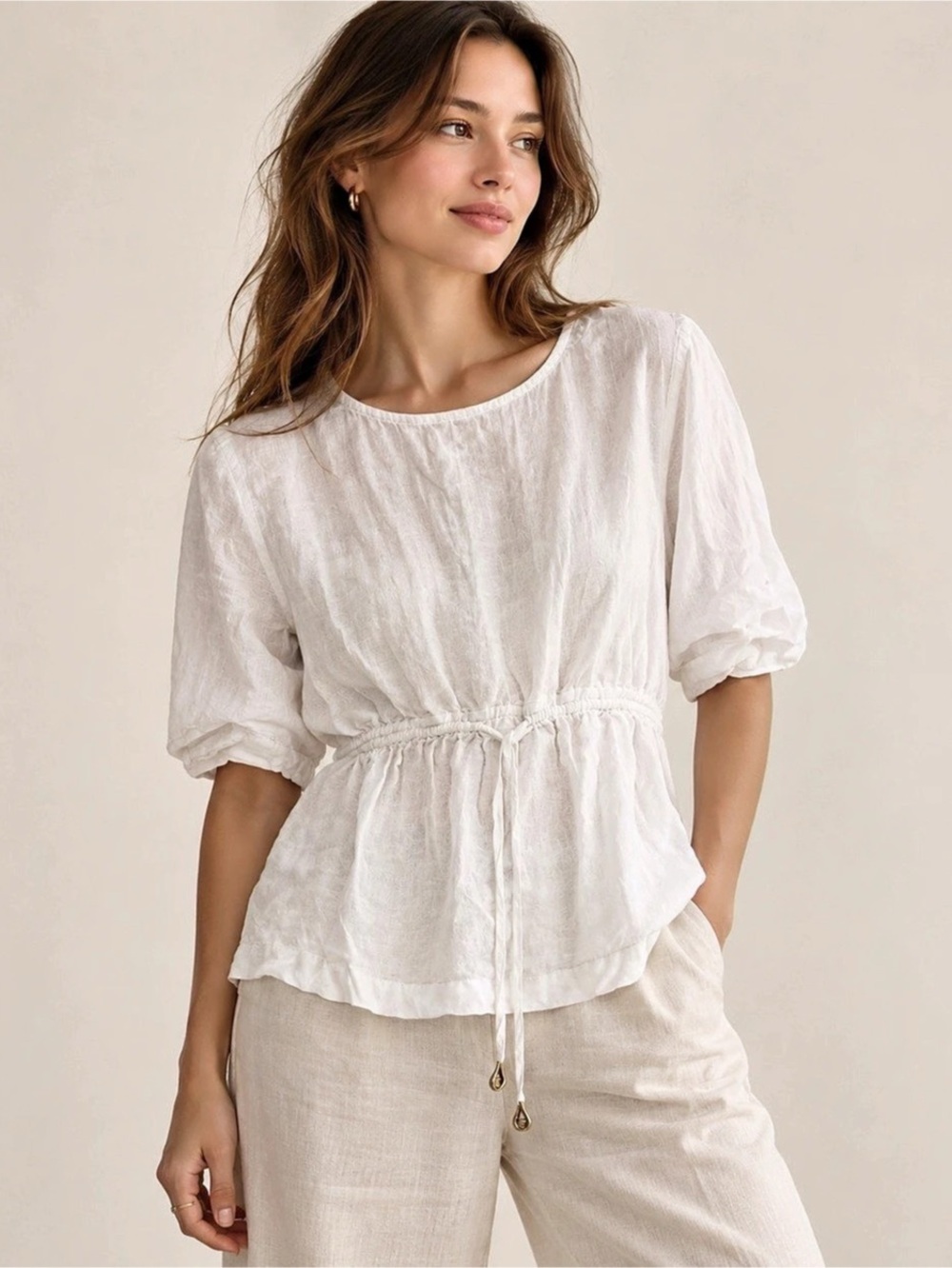 Donna Karan New York White Drawstring Blouse Size XS